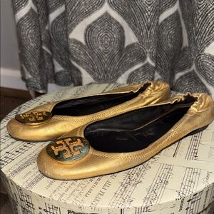 Tory Burch Reva Gold Leather Ballet Flats SZ 8